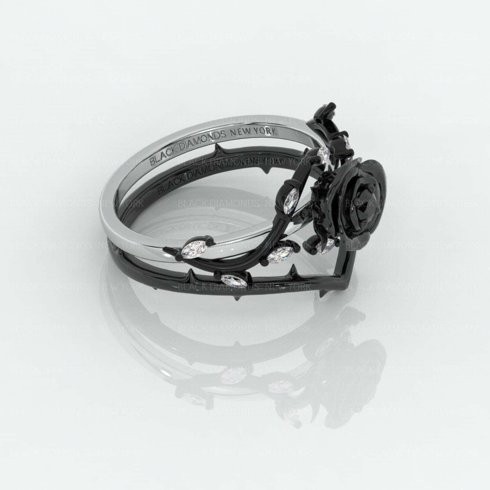 Flash Sale- Black Rose Gothic Wedding Rings in 14k Gold .50 ct Round Cut Diamond-Evani Naomi Jewelry