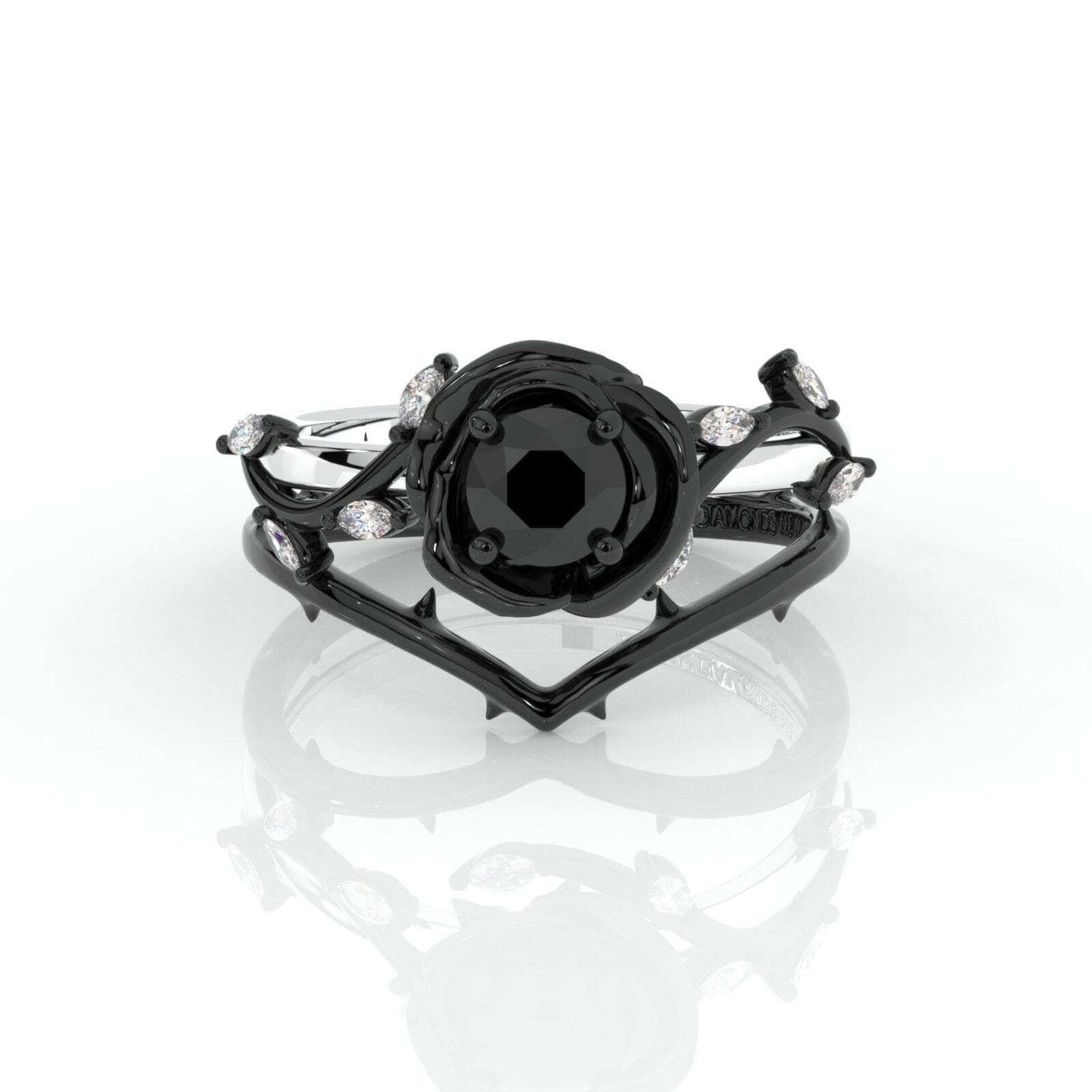 Flash Sale- Black Rose Gothic Wedding Rings in 14k Gold .50 ct Round Cut Diamond-Evani Naomi Jewelry