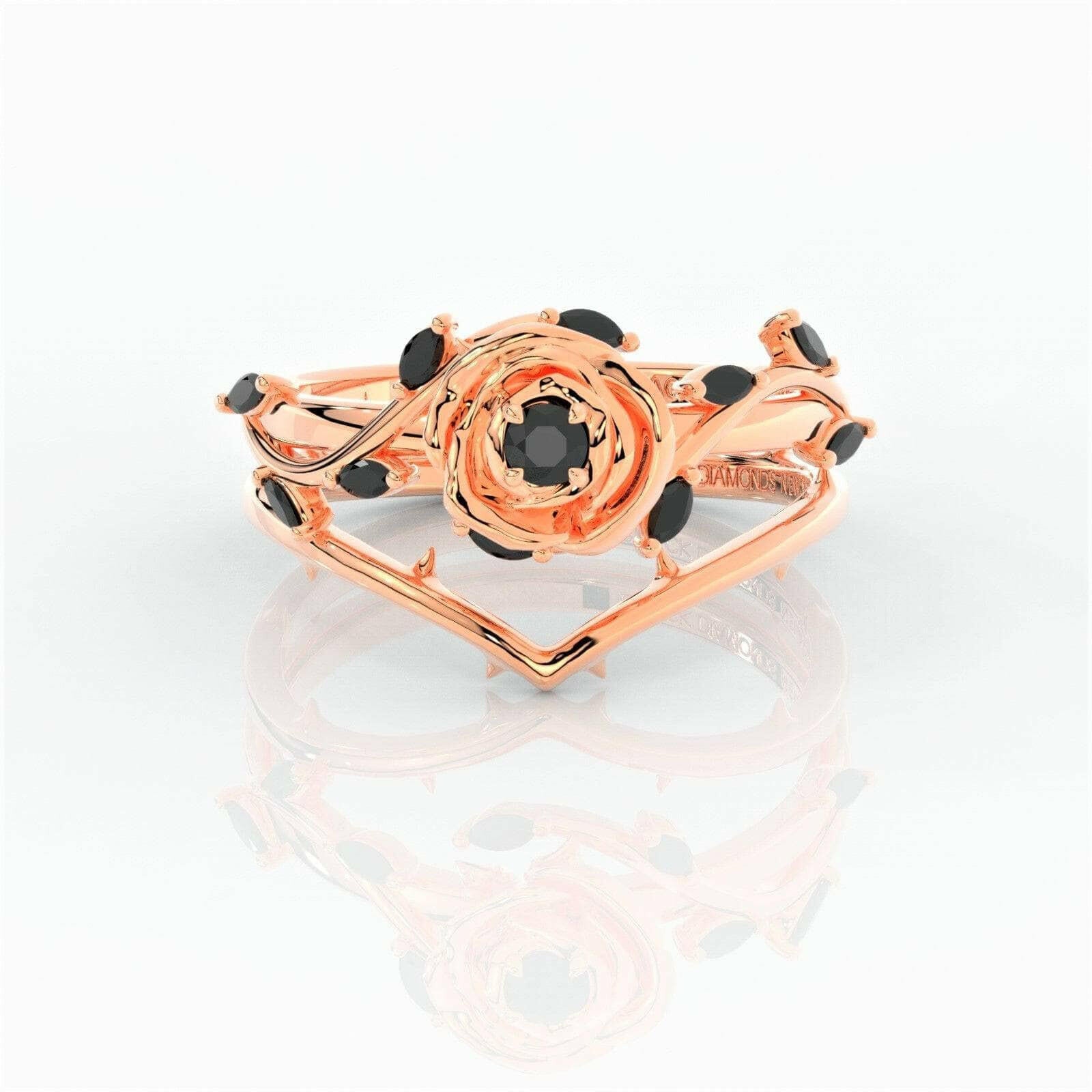 Flash Sale- Black Rose Gothic Wedding Rings in 14k Gold .50 ct Round Cut Diamond-Evani Naomi Jewelry
