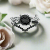 Flash Sale- Black Rose Gothic Wedding Rings in 14k Gold .50 ct Round Cut Diamond-Evani Naomi Jewelry