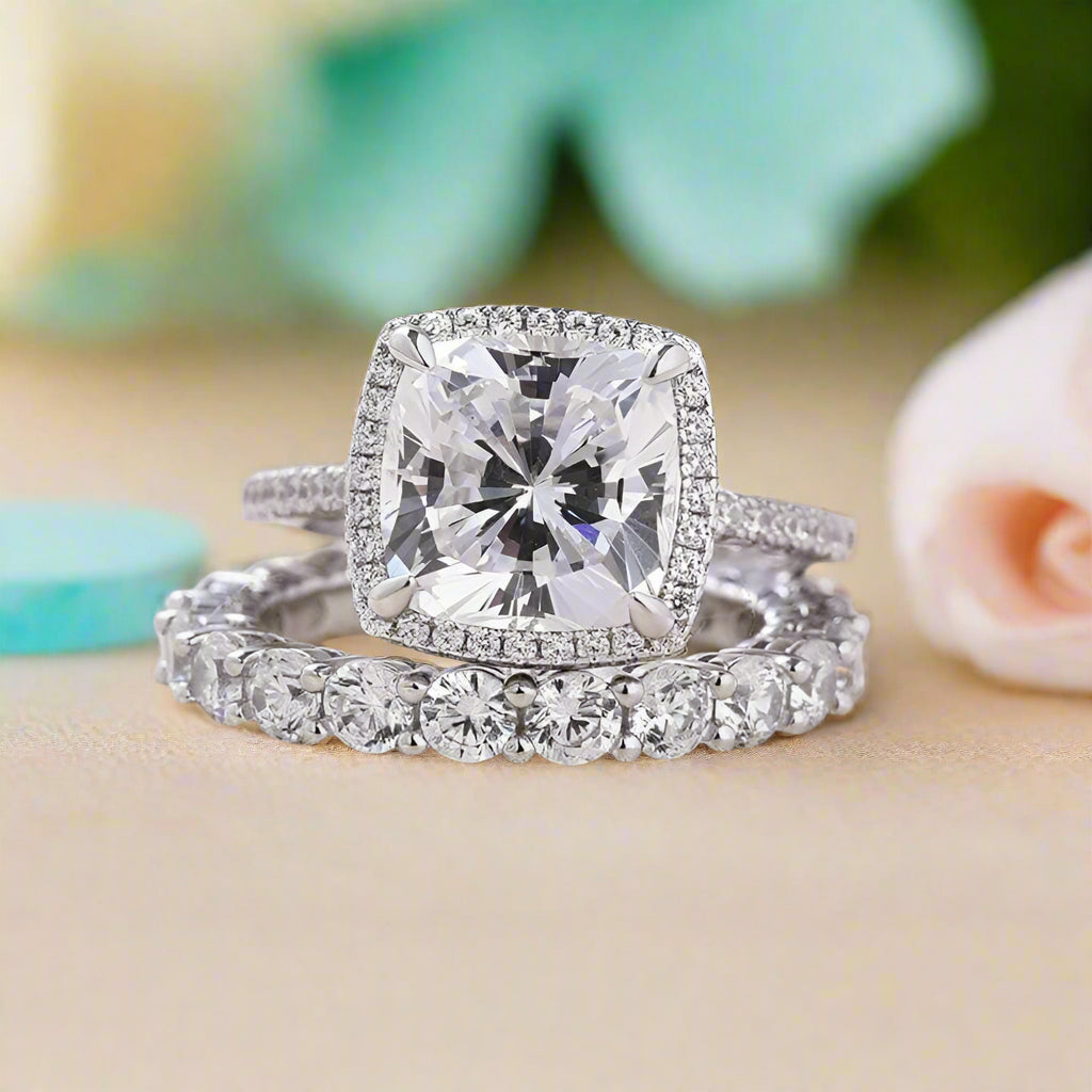 Flash Sale-Cushion Cut 3.5 ct Halo Wedding Set-Evani Naomi Jewelry