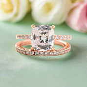 Flash Sale- Rose Gold 3.0 ct Cushion Cut Clear Simulated Sapphire Wedding Ring Set-Evani Naomi Jewelry