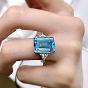 Flash Sale- Three Stone Sky Blue Diamond in Emerald Cut Engagement Ring-Evani Naomi Jewelry