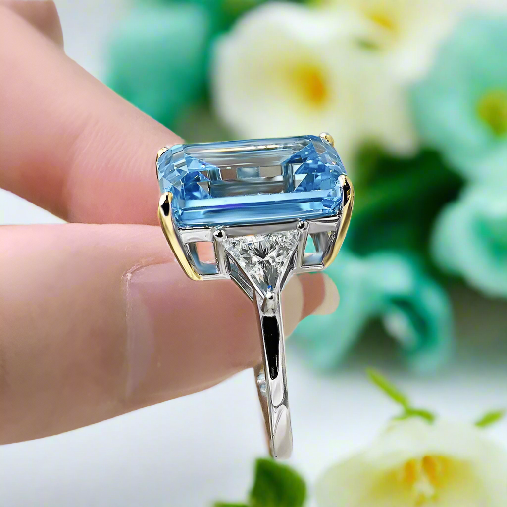 Flash Sale- Three Stone Sky Blue Diamond in Emerald Cut Engagement Ring-Evani Naomi Jewelry