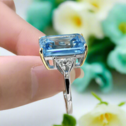 Flash Sale- Three Stone Sky Blue Diamond in Emerald Cut Engagement Ring-Evani Naomi Jewelry