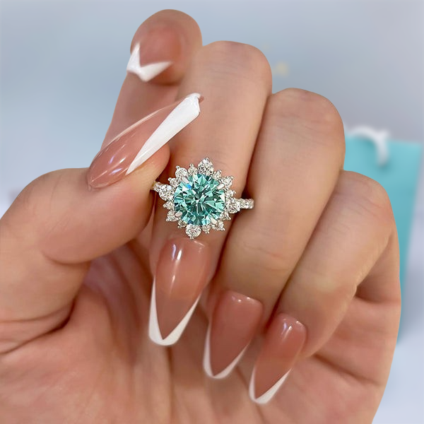 Halo Round Cut Cyan Blue Engagement Ring-Evani Naomi Jewelry