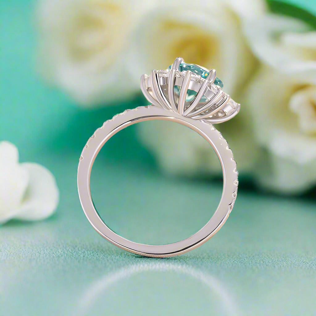 Halo Round Cut Cyan Blue Engagement Ring-Evani Naomi Jewelry
