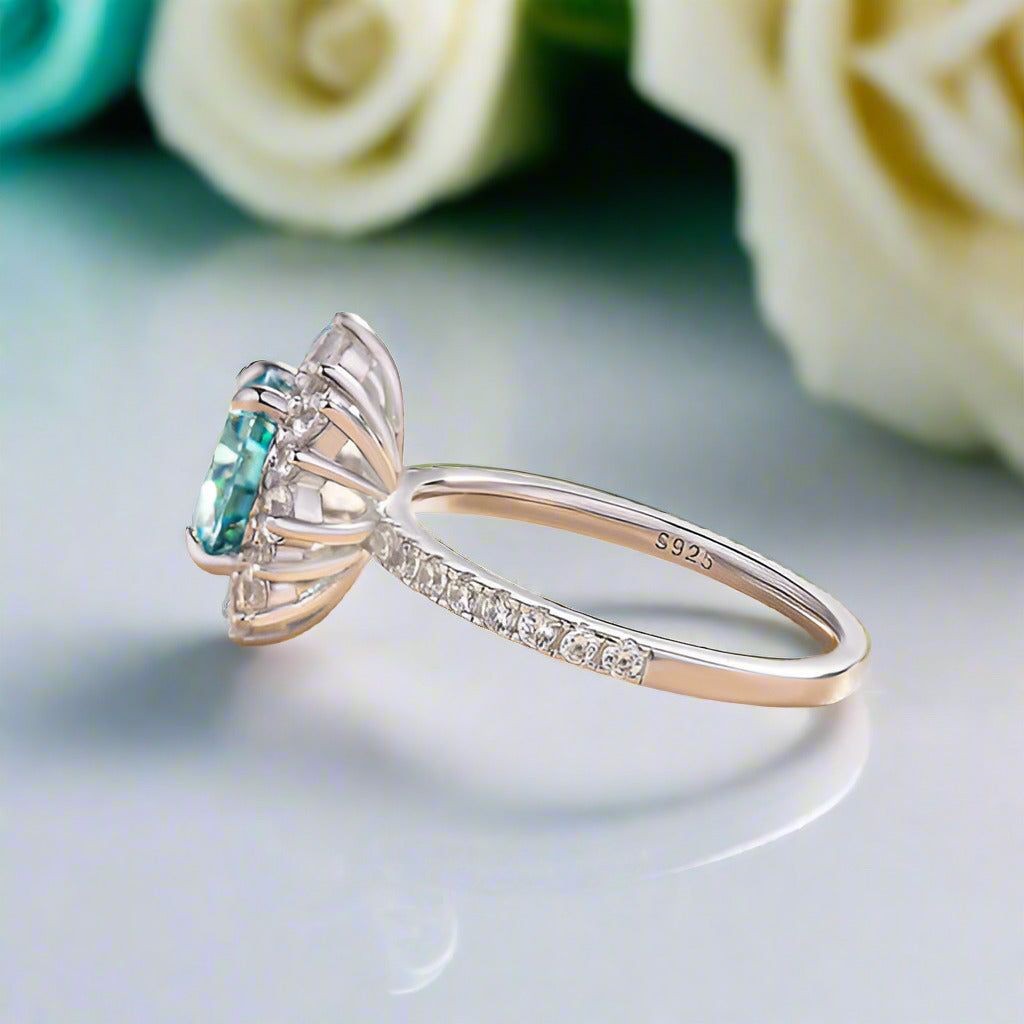Halo Round Cut Cyan Blue Engagement Ring-Evani Naomi Jewelry