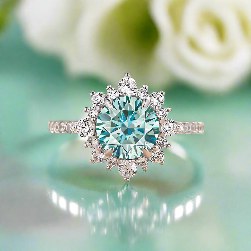 Halo Round Cut Cyan Blue Engagement Ring-Evani Naomi Jewelry