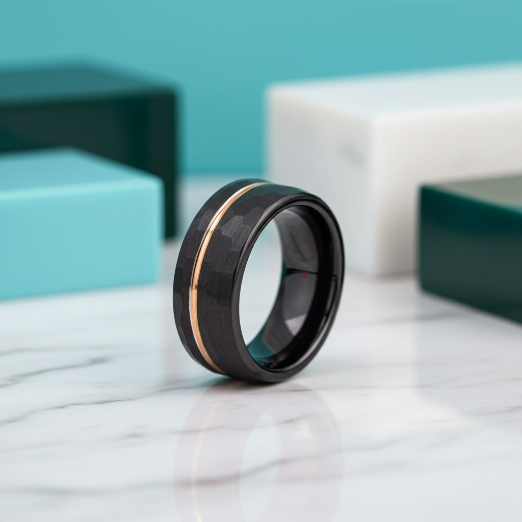 Hammer Matte Tungsten Wedding Band with Thin Rose Gold Line-Evani Jewelry
