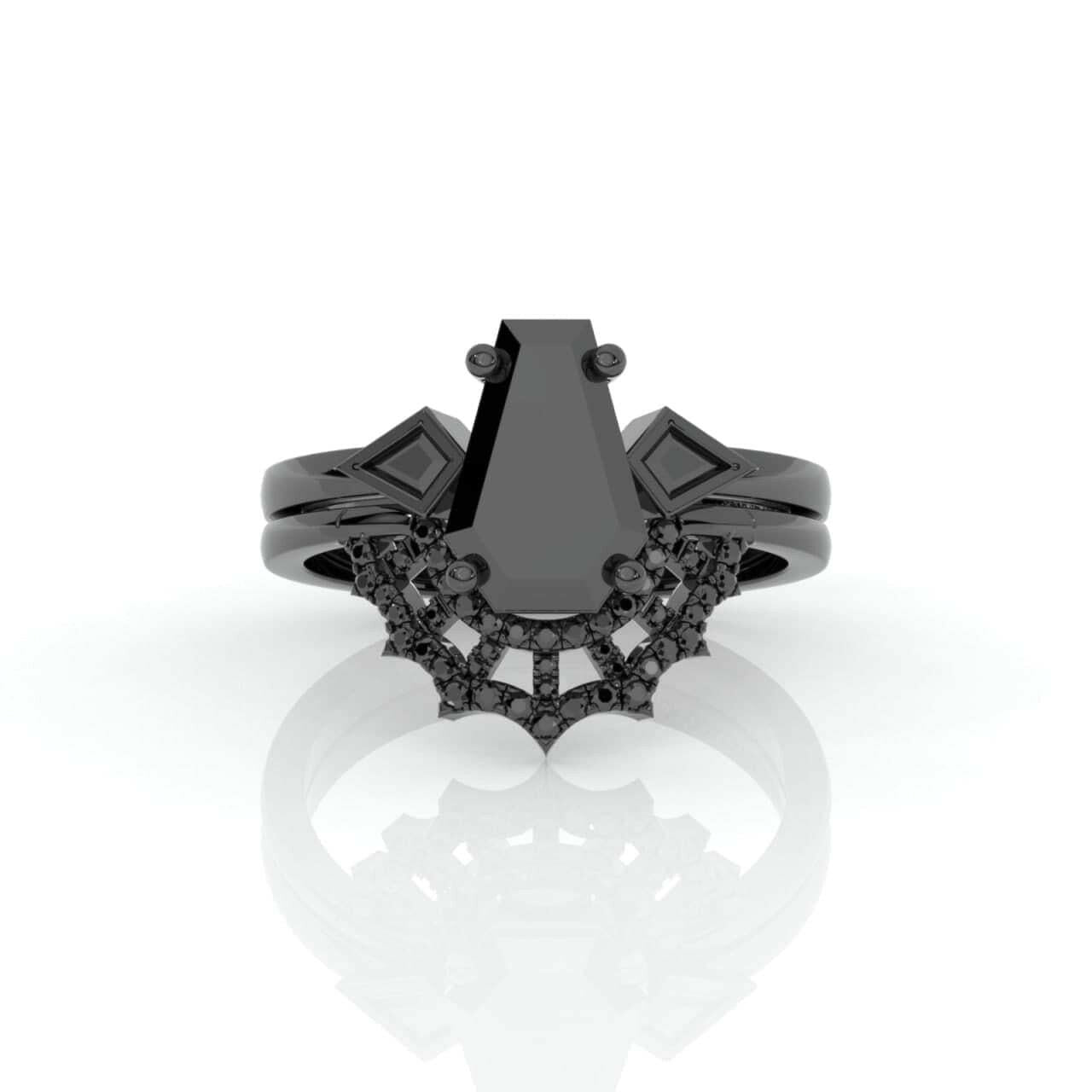 LOVE SPELL Gothic Spider Web Wedding Ring Set in 14k Gold Coffin Cut Diamond-Evani Naomi Jewelry
