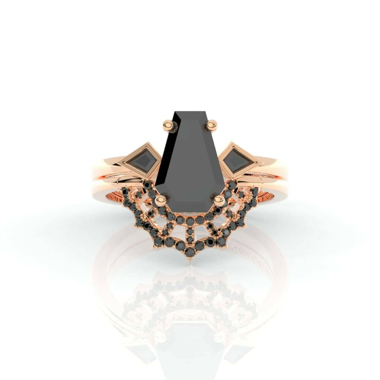 LOVE SPELL Gothic Spider Web Wedding Ring Set in 14k Gold Coffin Cut Diamond-Evani Naomi Jewelry