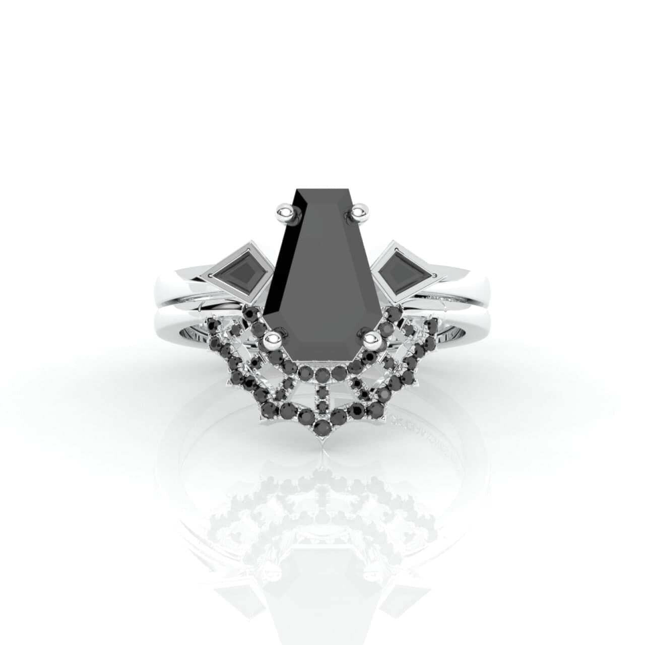 LOVE SPELL Gothic Spider Web Wedding Ring Set in 14k Gold Coffin Cut Diamond-Evani Naomi Jewelry