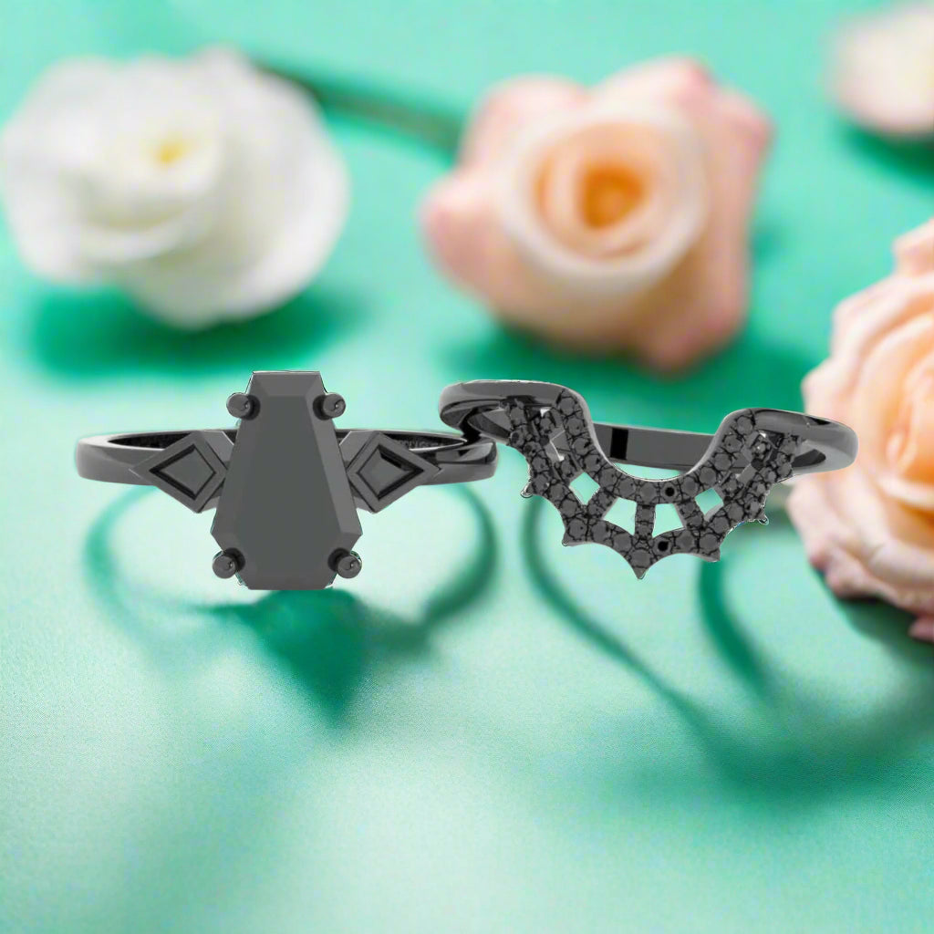 LOVE SPELL Gothic Spider Web Wedding Ring Set in 14k Gold Coffin Cut Diamond-Evani Naomi Jewelry