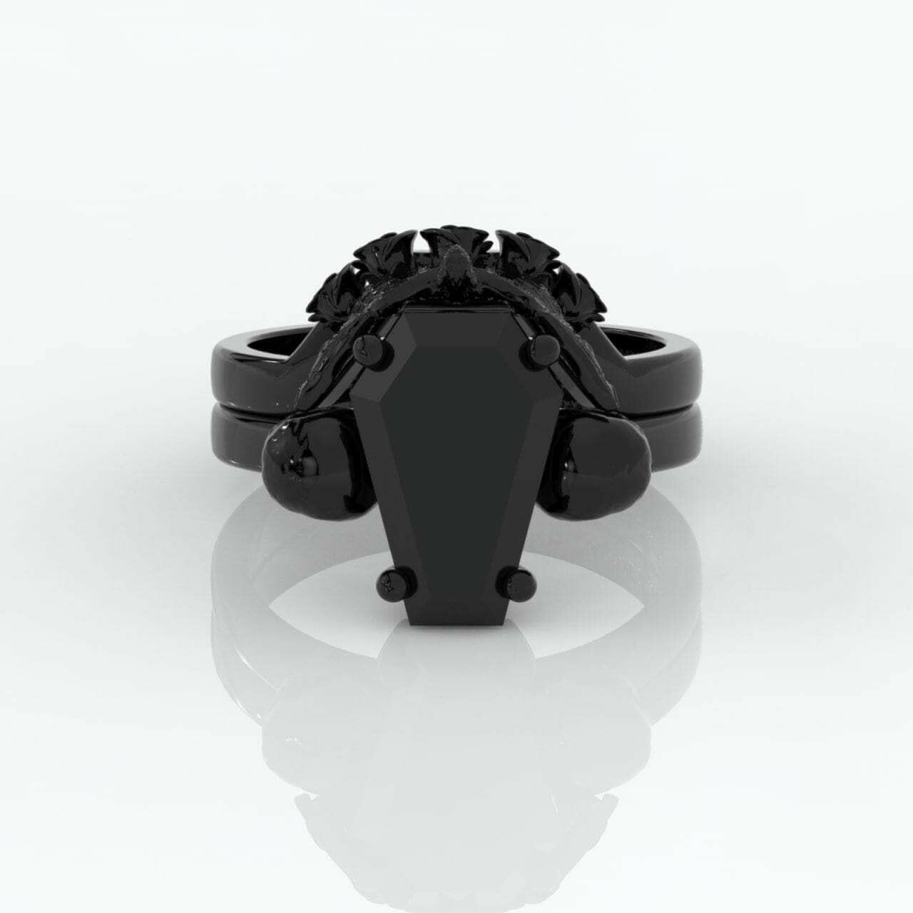 My Ever After Gothic Promise Rings in 14k Gold Coffin Cut with Skulls, Bat and Roses Diamond-Evani Naomi Jewelry