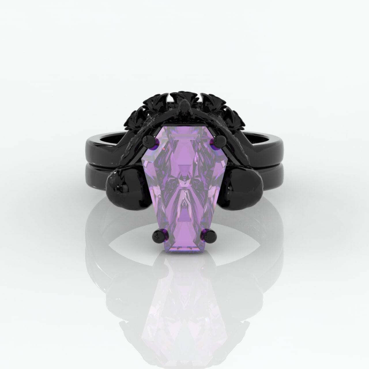 My Ever After Gothic Promise Rings in 14k Gold Coffin Cut with Skulls, Bat and Roses Diamond-Evani Naomi Jewelry