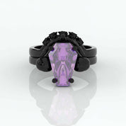 My Ever After Gothic Promise Rings in 14k Gold Coffin Cut with Skulls, Bat and Roses Diamond-Evani Naomi Jewelry