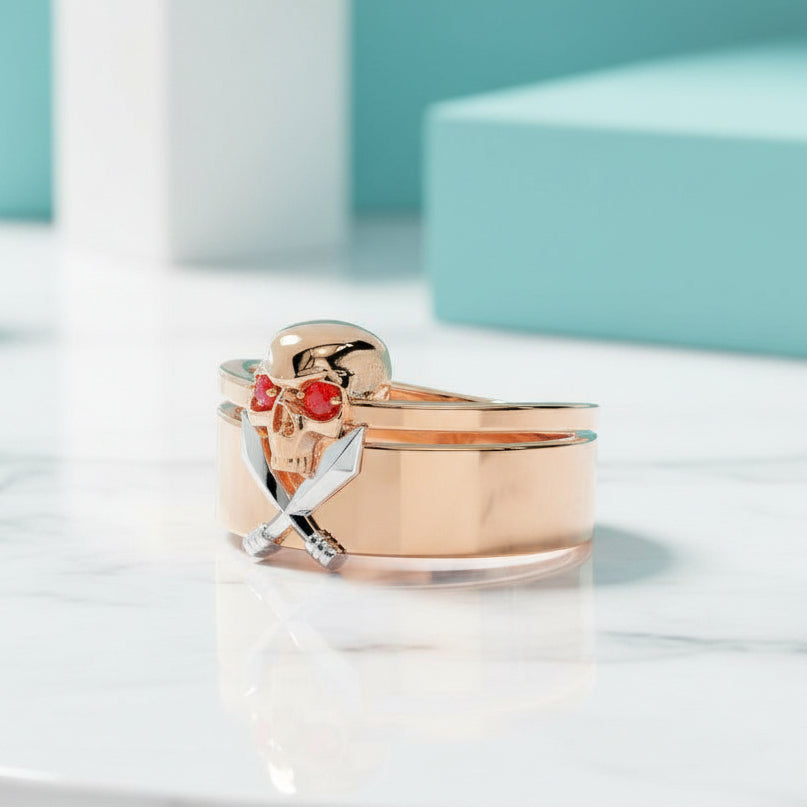 Ruby Birthstone Couples Ring in 14k Rose Gold-Evani Jewelry