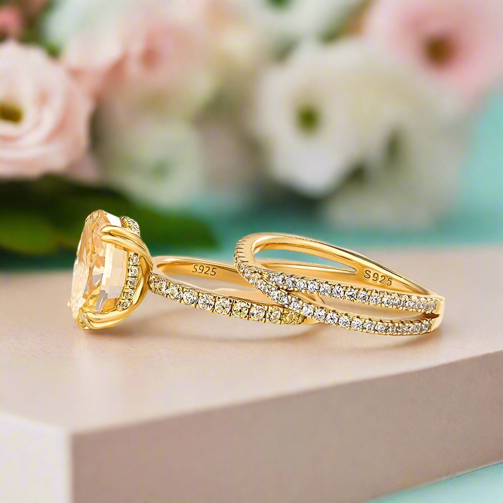 Oval Cut 3.5ct Yellow Sapphire Yellow Gold Bridal Set-Evani Naomi Jewelry