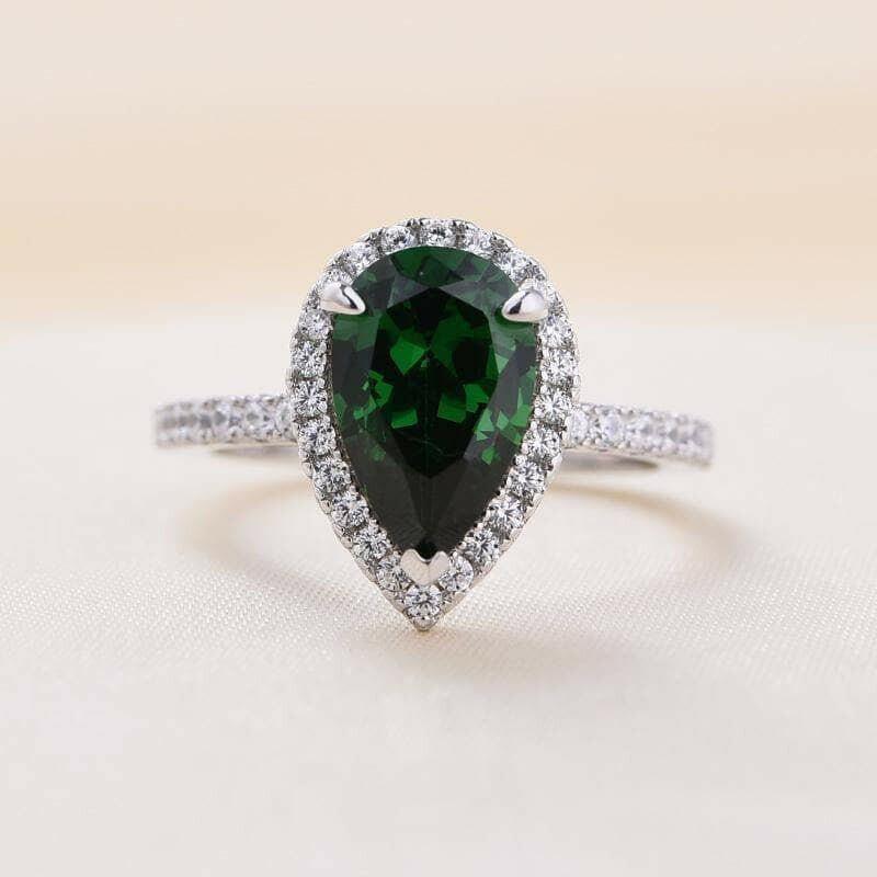 Pear Cut 2.2 ct Emerald Green Diamond Halo Bridal Ring Set-Evani Naomi Jewelry