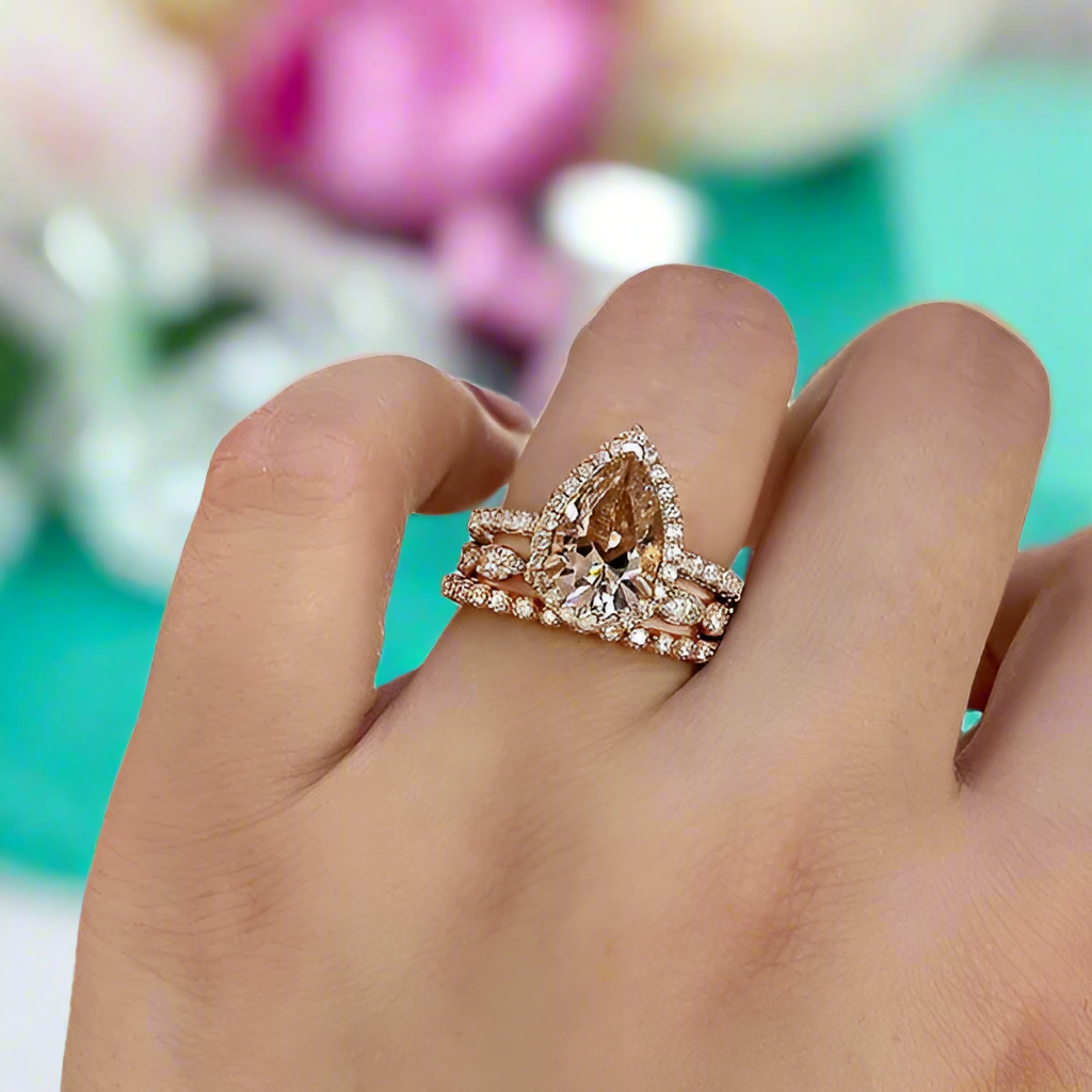 Rose Gold Peachy Pink Pear Cut Diamond Halo Ring Set-Evani Naomi Jewelry