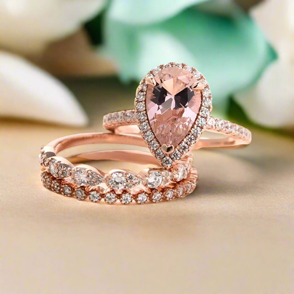Rose Gold Peachy Pink Pear Cut Diamond Halo Ring Set-Evani Naomi Jewelry