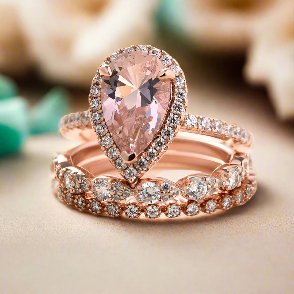 Rose Gold Peachy Pink Pear Cut Diamond Halo Ring Set-Evani Naomi Jewelry