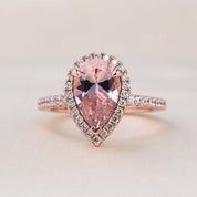 Rose Gold Peachy Pink Pear Cut Diamond Halo Ring Set-Evani Naomi Jewelry