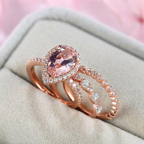 Rose Gold Peachy Pink Pear Cut Diamond Halo Ring Set-Evani Naomi Jewelry