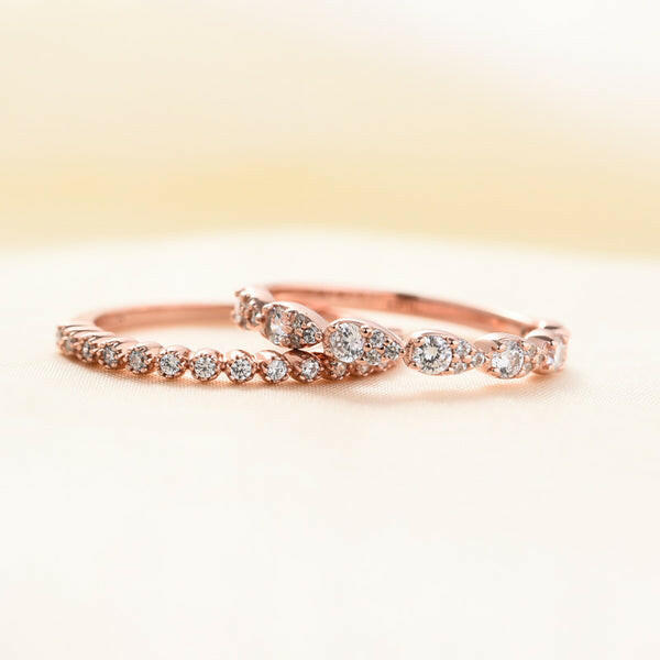 Rose Gold Peachy Pink Pear Cut Diamond Halo Ring Set-Evani Naomi Jewelry