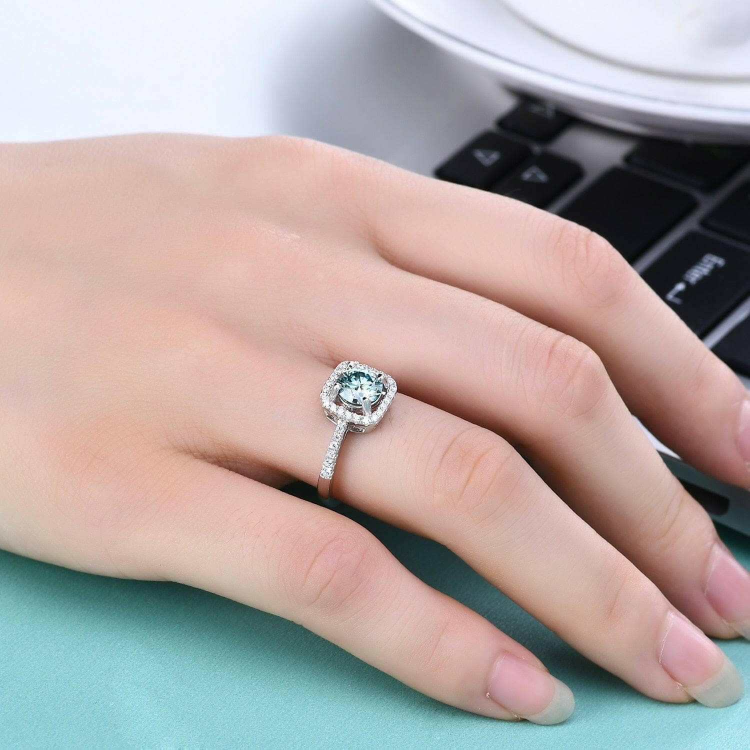 Round 1.00 ct Diamond Cushion Halo Engagement Ring-Evani Naomi Jewelry