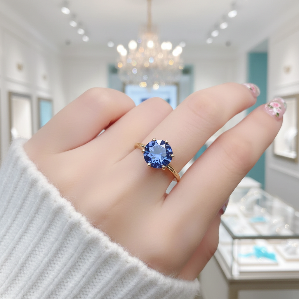 Round Cut 1.0 ct Blue Diamond Engagement Ring-Evani Jewelry