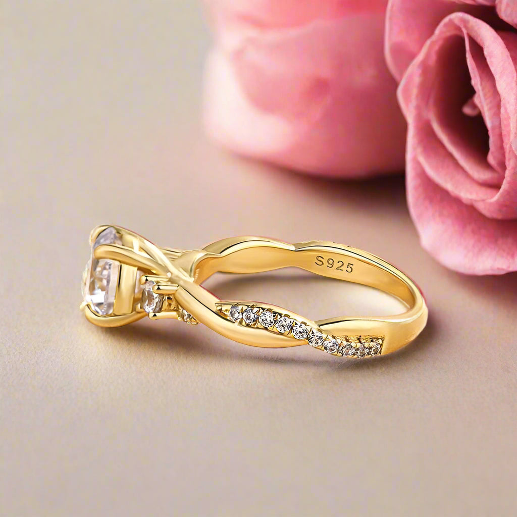 Round Cut 1.25ct Three Stone Twist Engagement Ring-Evani Naomi Jewelry