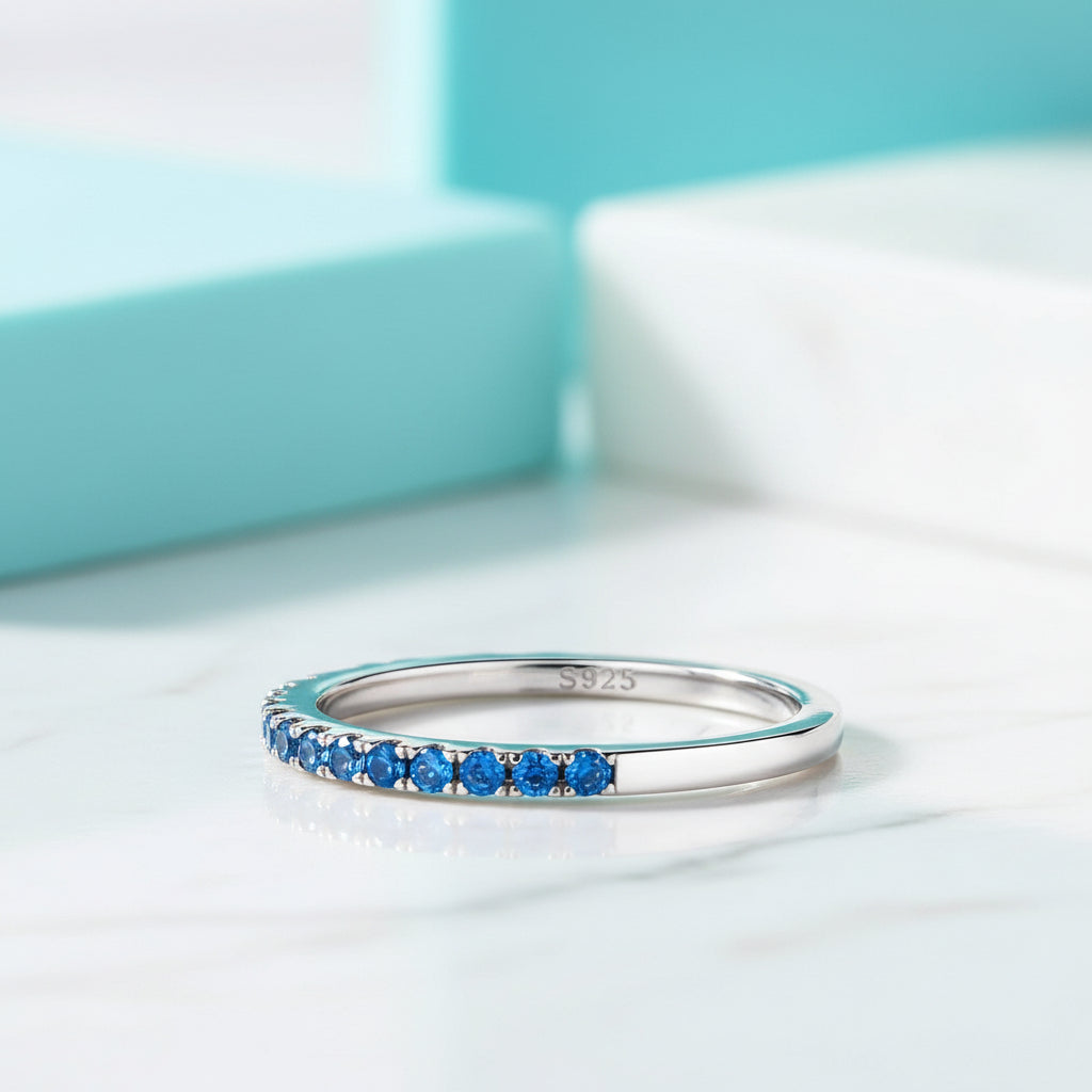 Simple Light Aquamarine Half Eternity Wedding Band-Evani Jewelry