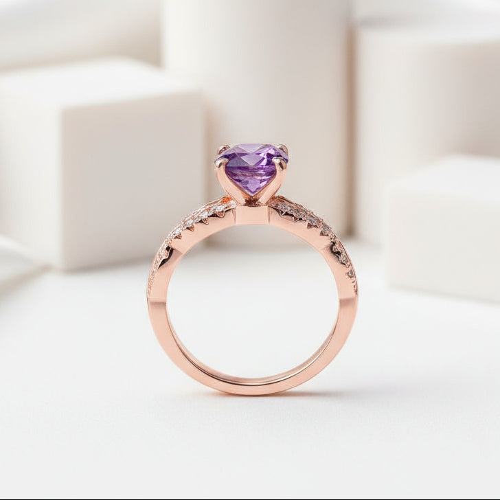 1.25 ct Twist Round Cut Amethyst Rose Gold Promise Ring-Evani Jewelry