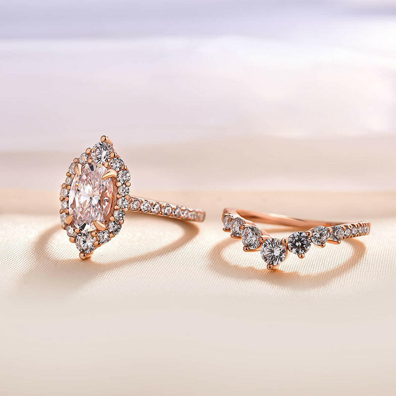 Unique 2.0 Ct Halo Oval Cut Rose Gold Wedding Set-Evani Naomi Jewelry