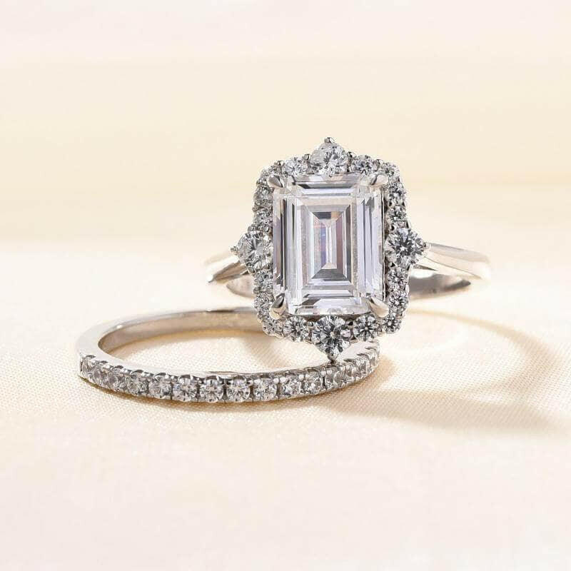 Unique Emerald Cut 3.0ct Diamond with Halo Bridal Set-Evani Naomi Jewelry