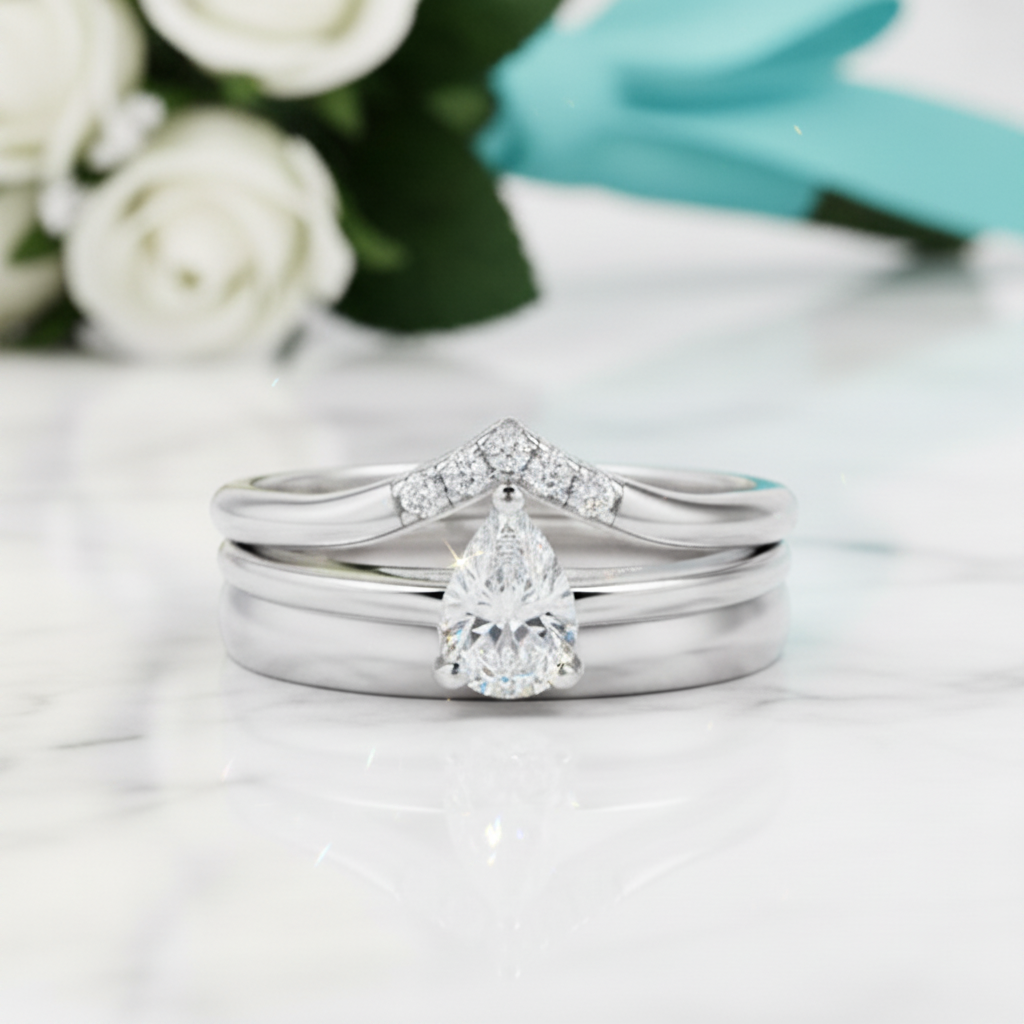 0.8 Ct Pear Cut Diamond Engagement Ring Set-Evani Jewelry