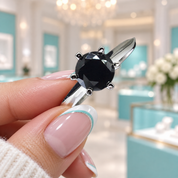 A hand with pink French-tip nails holds a silver ring featuring a large, faceted black gemstone in a prong setting. The background is a softly blurred luxury jewelry boutique with turquoise display cases and white flowers.