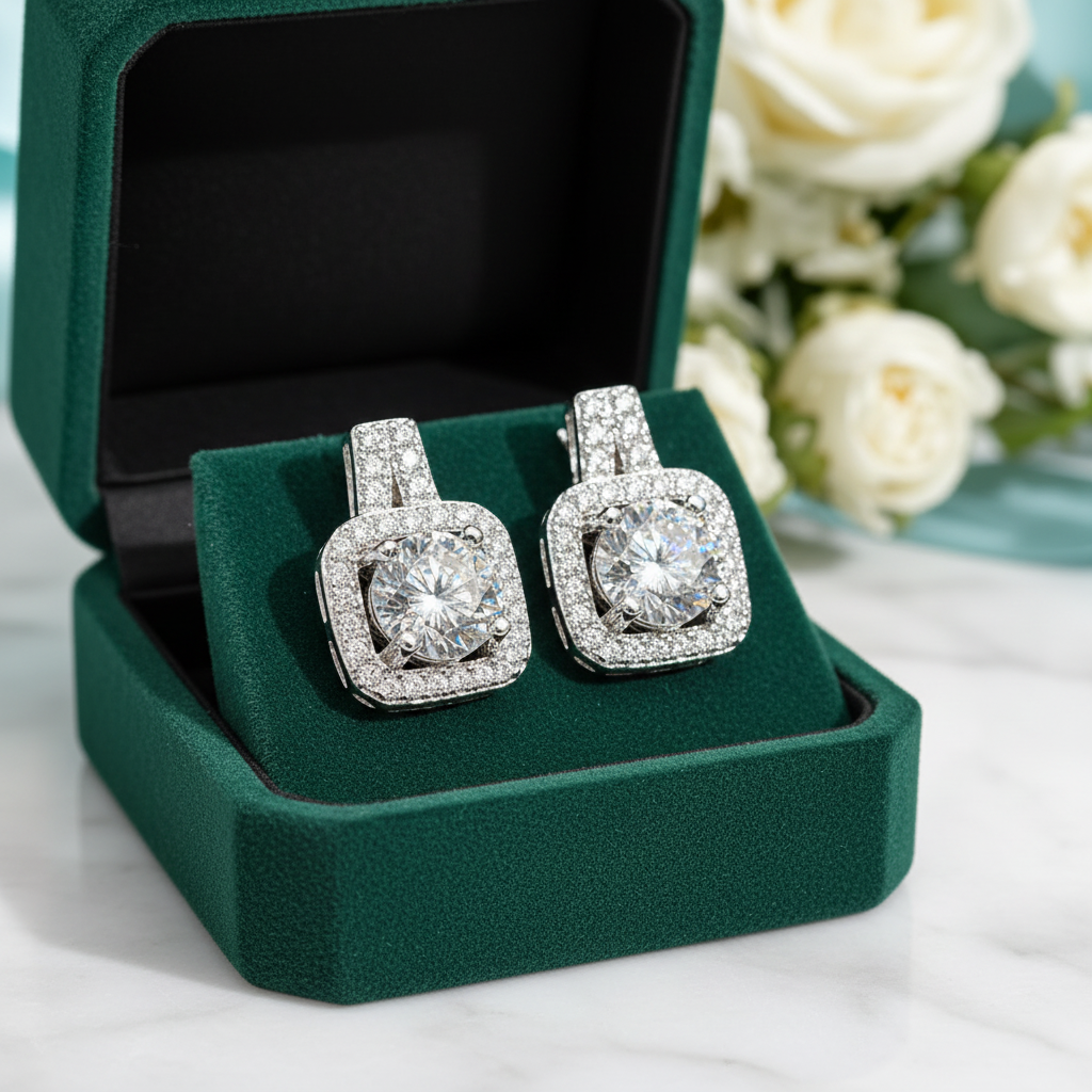A pair of square halo stud earrings with clear gemstones in a silver-toned setting, displayed inside an open dark green velvet jewelry box on a white marble surface with blurred white flowers in the background.