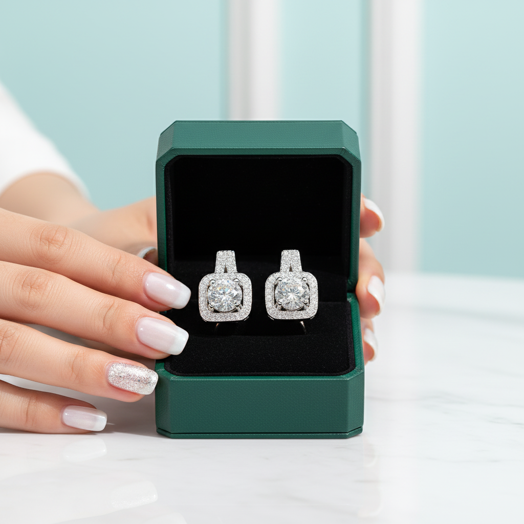 A pair of silver-toned halo stud earrings with clear gemstones displayed in an open dark green jewelry box, held by hands with pale pink manicured nails against a soft light blue background.