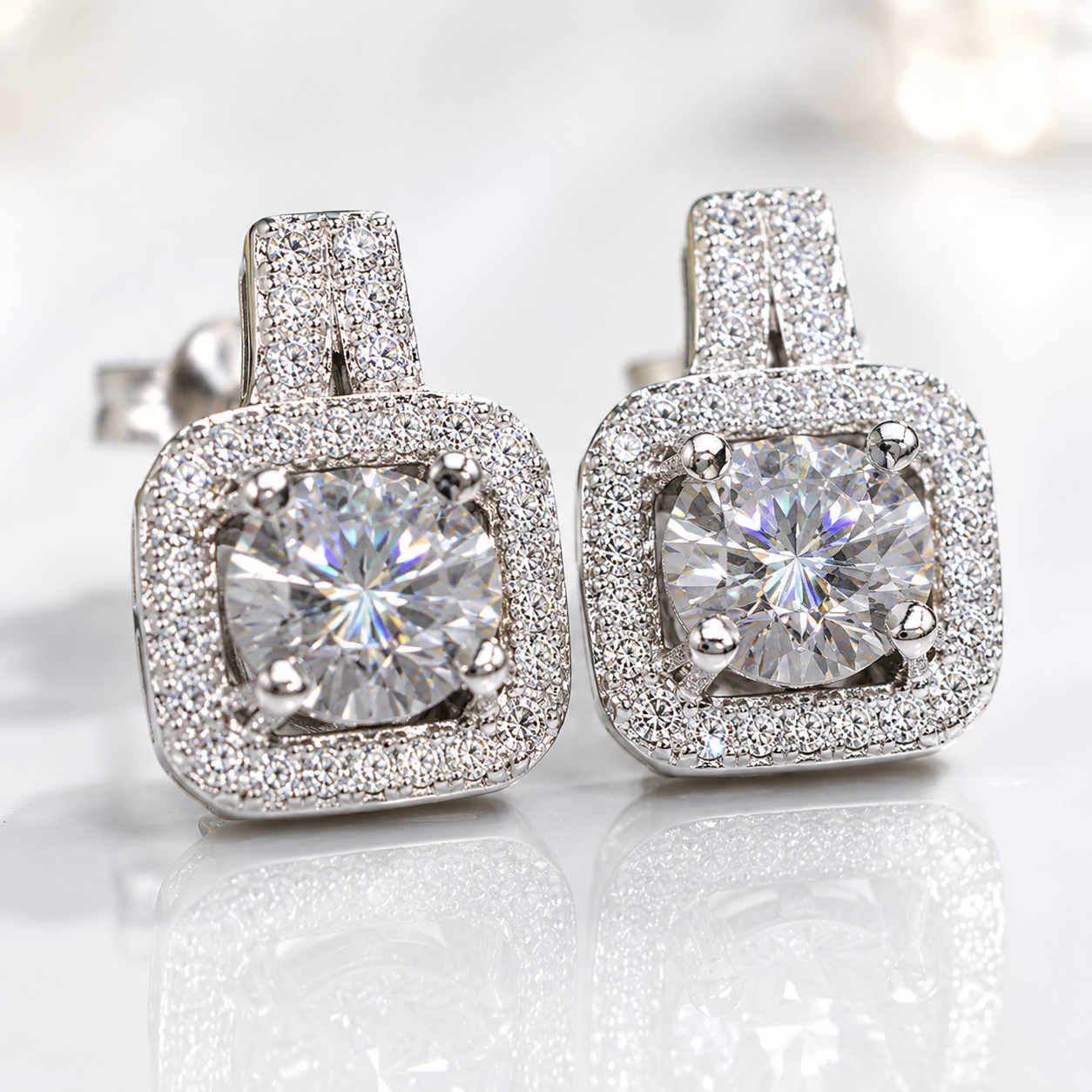 A pair of square cushion-cut halo stud earrings featuring brilliant round center stones surrounded by a double row of pavé-set clear stones in a silver-toned setting, displayed on a reflective white surface.