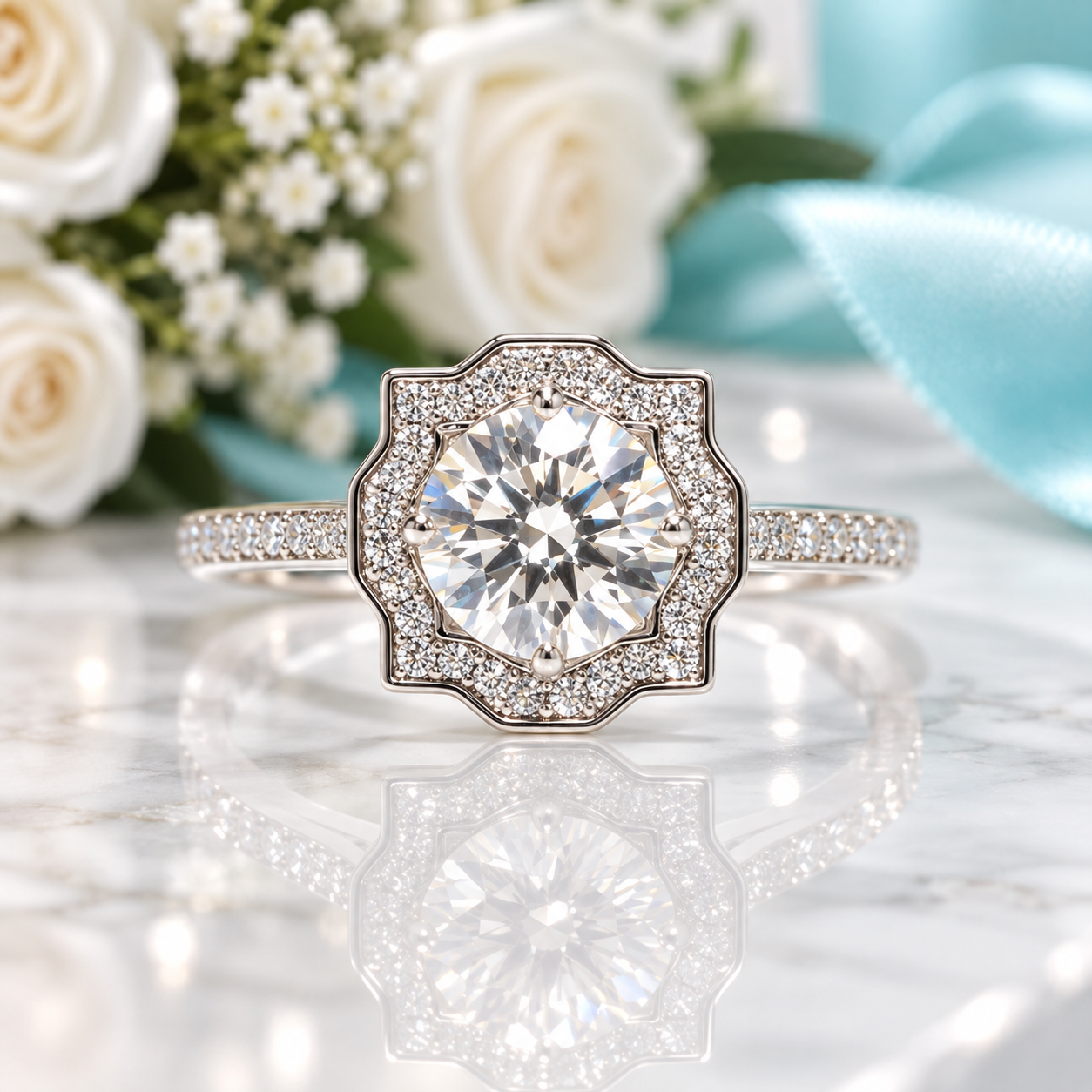 An octagonal halo ring with a large round-cut center stone and surrounding pavé-set stones on a polished band, displayed on a reflective marble surface with white roses, baby's breath, and a light blue ribbon in the background.