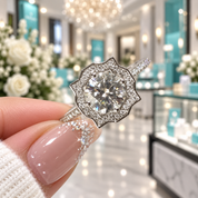 A close-up of a hand with pink glittery nails holding a diamond ring with a floral halo setting in a Tiffany's store.