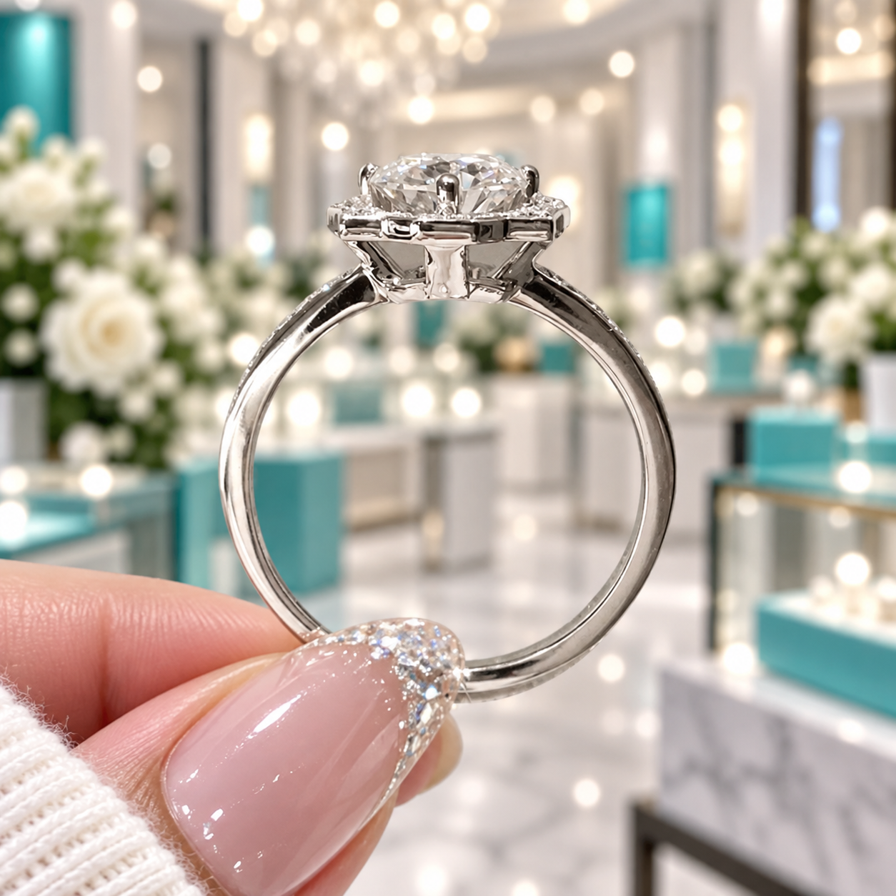 A close-up of a silver-toned ring with a large clear gemstone held by a hand with pink glittery nails, set against a blurred jewelry store background with turquoise and white flowers.