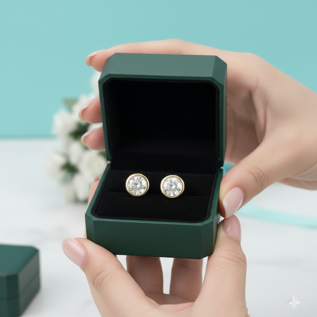 A pair of round gold stud earrings with clear gemstones displayed inside an open dark green jewelry box, held by hands against a light blue and white background.