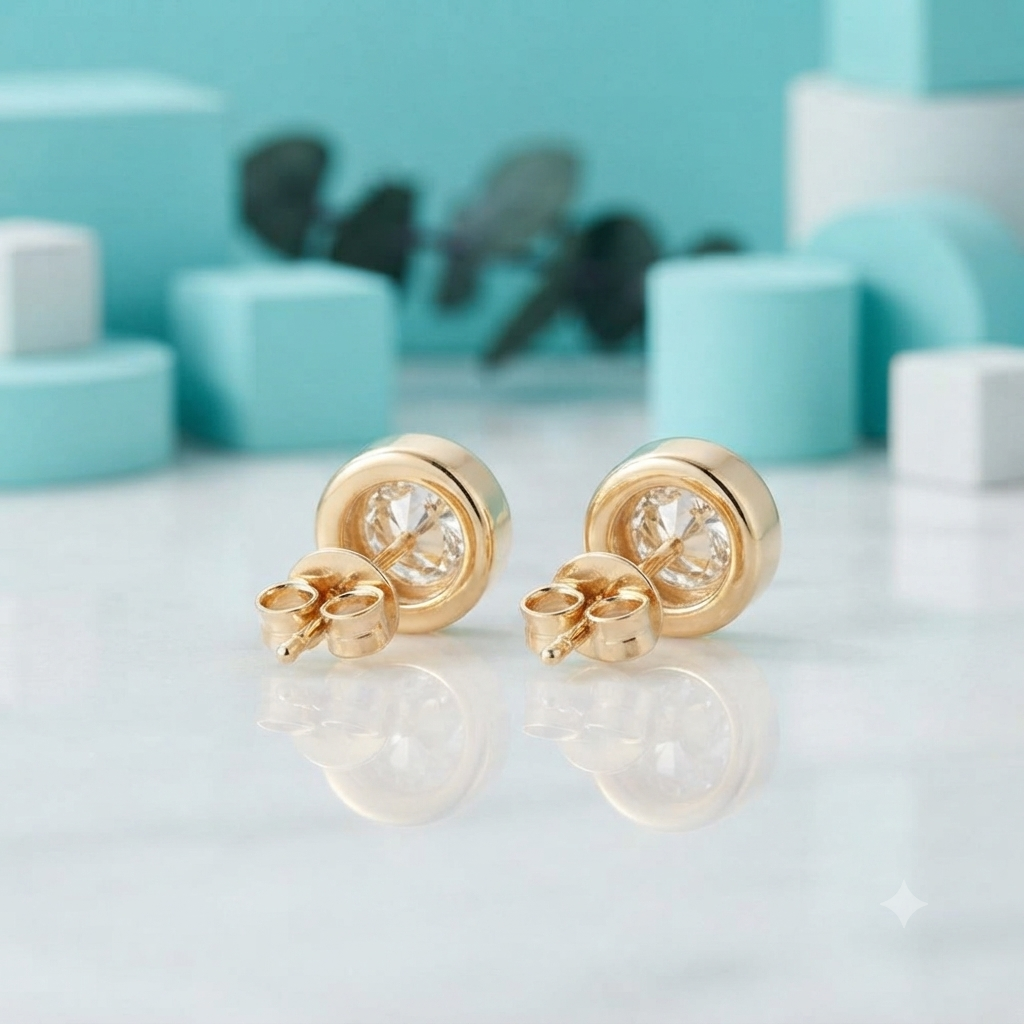 A pair of gold stud earrings with clear round-cut gemstones, displayed on a reflective white surface with a soft-focus turquoise and white geometric background.