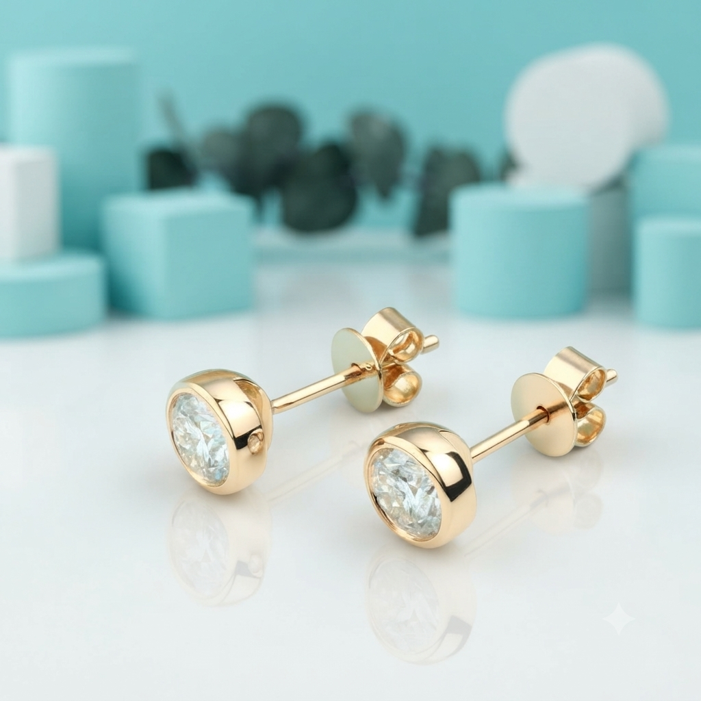 A pair of gold stud earrings with round bezel-set clear gemstones, displayed on a reflective white surface with a soft-focus turquoise and white background.