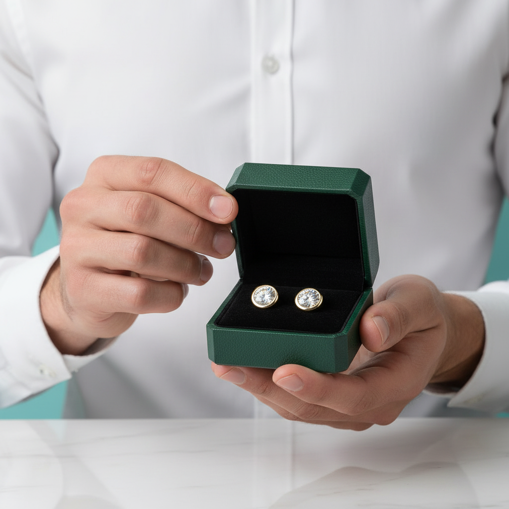 A pair of round bezel-set stud earrings with clear gemstones in yellow gold settings, displayed on a white marble surface with a reflection. In the background, a bouquet of white roses with a light blue ribbon is softly blurred against a light blue backdrop.