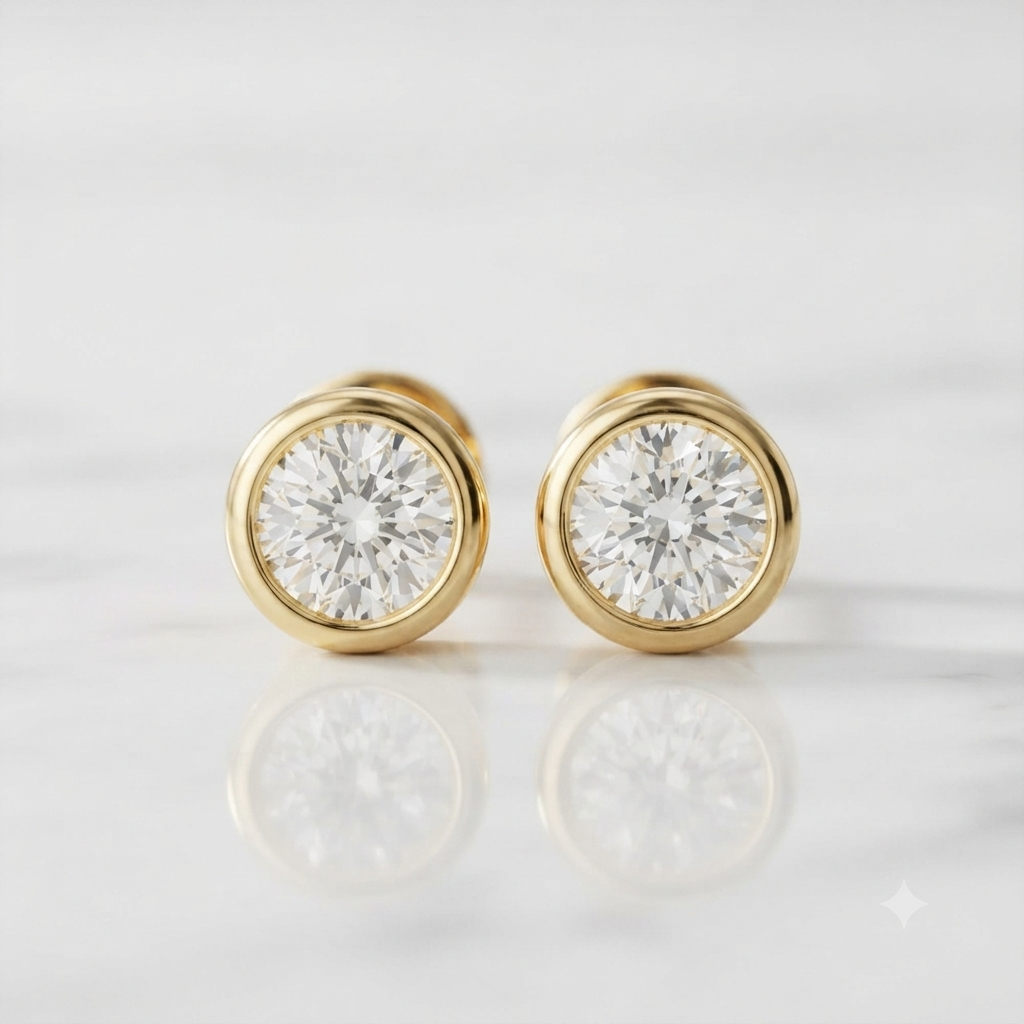 A pair of round gold stud earrings with clear gemstones in bezel settings, displayed on a light gray reflective surface.